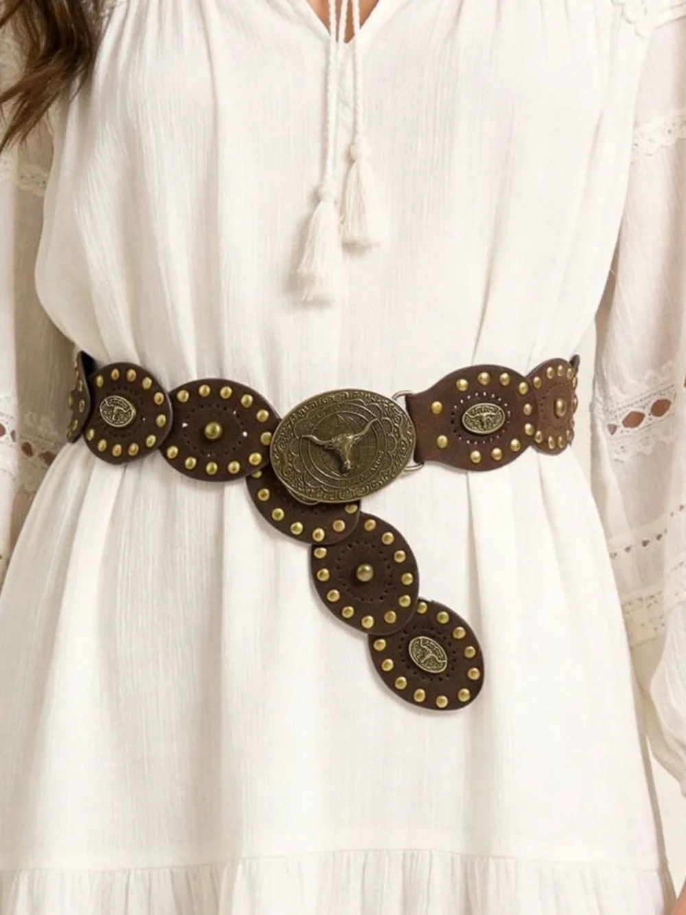 Western Boho Faux Suede Belt 42” Cowgirl Vintage Studded Disc Concho - Picture 6 of 10